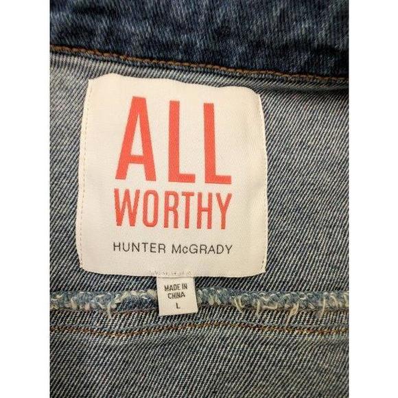 ALL WORTHY Denim Jean Jacket Button-up Puffed Raw hem Sz L - Picture 4 of 7